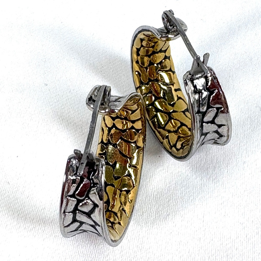 Hoop Earrings Silver Gold Two Tone Hammered Pebble Textured Latch Back